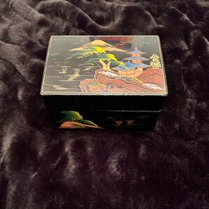Antique Black Lacquered Jewelry Box with Scenic Design